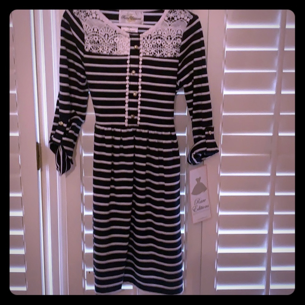 Rare Editions Navy Blue Stripe Dress size 7